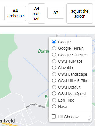 Geoprinter dropdown menu kaart map