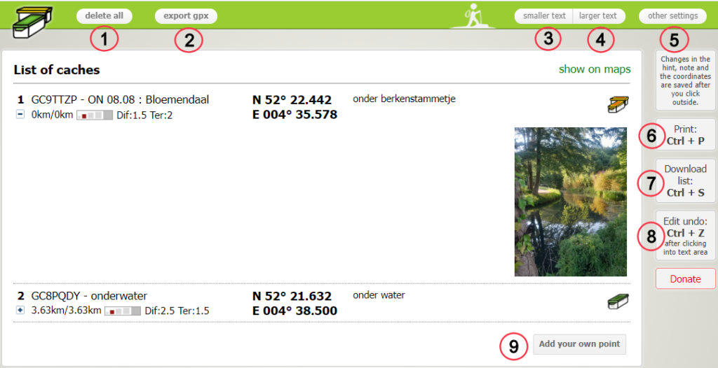 Geoprinter uitleg List of caches