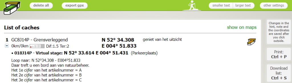 Geoprinter cachelijst (gpx) exporteren naar GPS