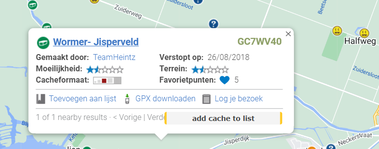 met Geoprinter kaart map pop up scherm lijst met caches maken