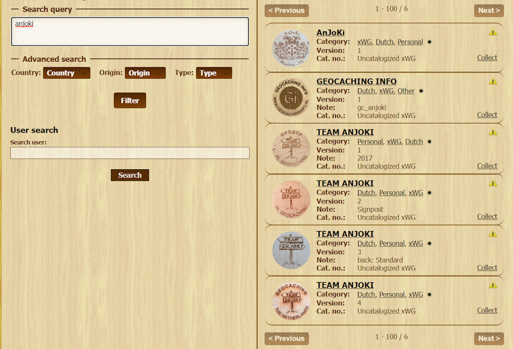 Database CWG wooden geocoins
