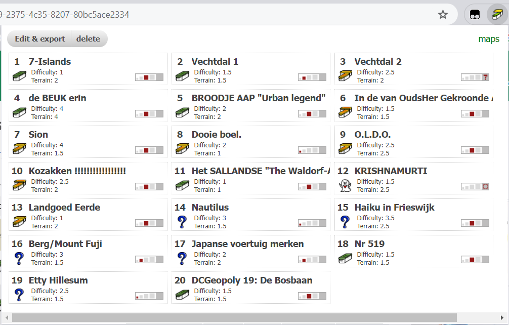 Geoprinter lijst met geocaches